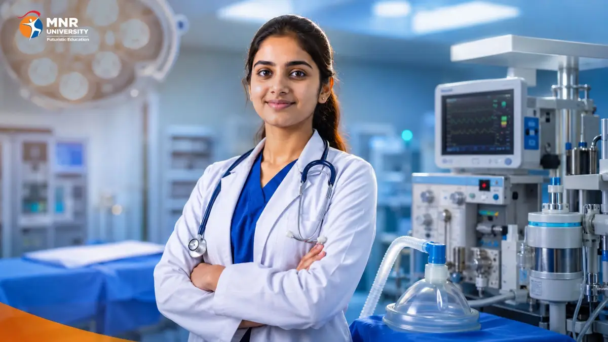 Anesthesia Course After 12th and operation theatre technology student standing in a modern hospital OT beside advanced anesthesia equipment at MNR University.
