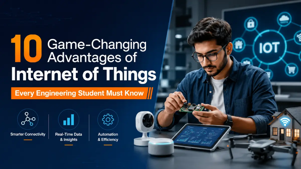 MNR University student working on IoT hardware and smart devices, highlighting the course on internet of things, real-time data analytics, automation, connectivity, and hands-on engineering innovation.