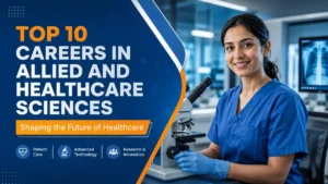 Student in a modern healthcare laboratory using advanced medical equipment, representing career opportunities in allied and healthcare sciences at MNR University, one of the top colleges in Greater Hyderabad for industry-focused healthcare education and research.