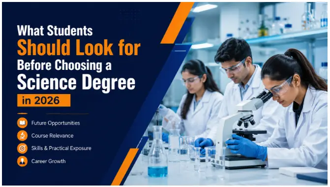 Science students working together in a modern, well-equipped university laboratory in Hyderabad, India