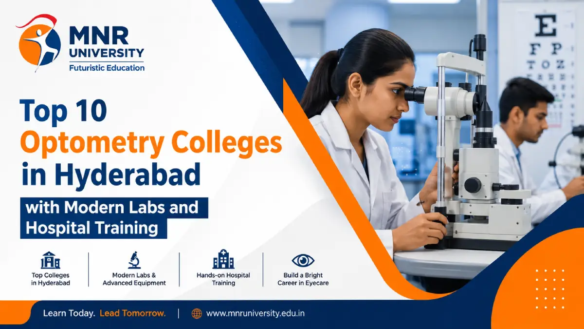 Top optometry colleges in Hyderabad with modern labs and hospital training, featuring an optometry student using advanced eye-care equipment and MNR University branding.